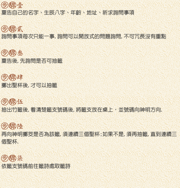1.稟告自己的名字、生辰八字、年齡、地址、祈求詢問事項 2.詢問事項每次只能一事,詢問可以開放式的問題詢問,不可冗長沒有重點. 3.稟告後,先詢問是否可抽籤 4.擲出聖杯後,才可以抽籤. 5.抽出竹籤後,看清楚籤支號碼後,將籤支放在桌上，並號碼向神明方向. 6.再向神明擲筊是否為該籤,須連續三個聖杯;如果不是,須再抽籤,直到連續三個聖杯. 7.依籤支號碼前往籤詩處取籤詩.