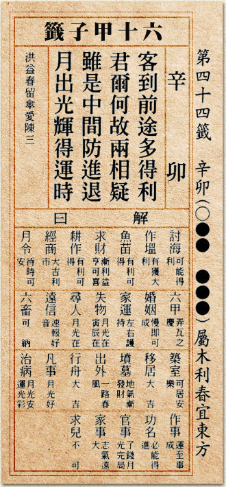 客到前途多得利, 君爾何故兩相疑, 雖是中間逢進退, 月出光輝得運時。 客到前途多得利, 君爾何故兩相疑, 雖是中間逢進退, 月出光輝得運時。