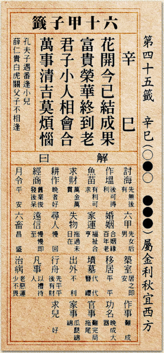 花開今已結成果  富貴榮華終到老 君子小人相會合  萬事清吉莫煩惱