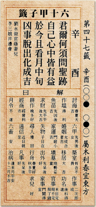 君爾何須問聖跡  自己心中皆有益 於今且看月中旬  凶事脫出化成吉