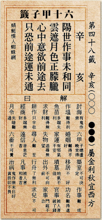 陽世作事未和同  雲遮月色正朦朧 心中意欲前途去  只恐命內運未通
